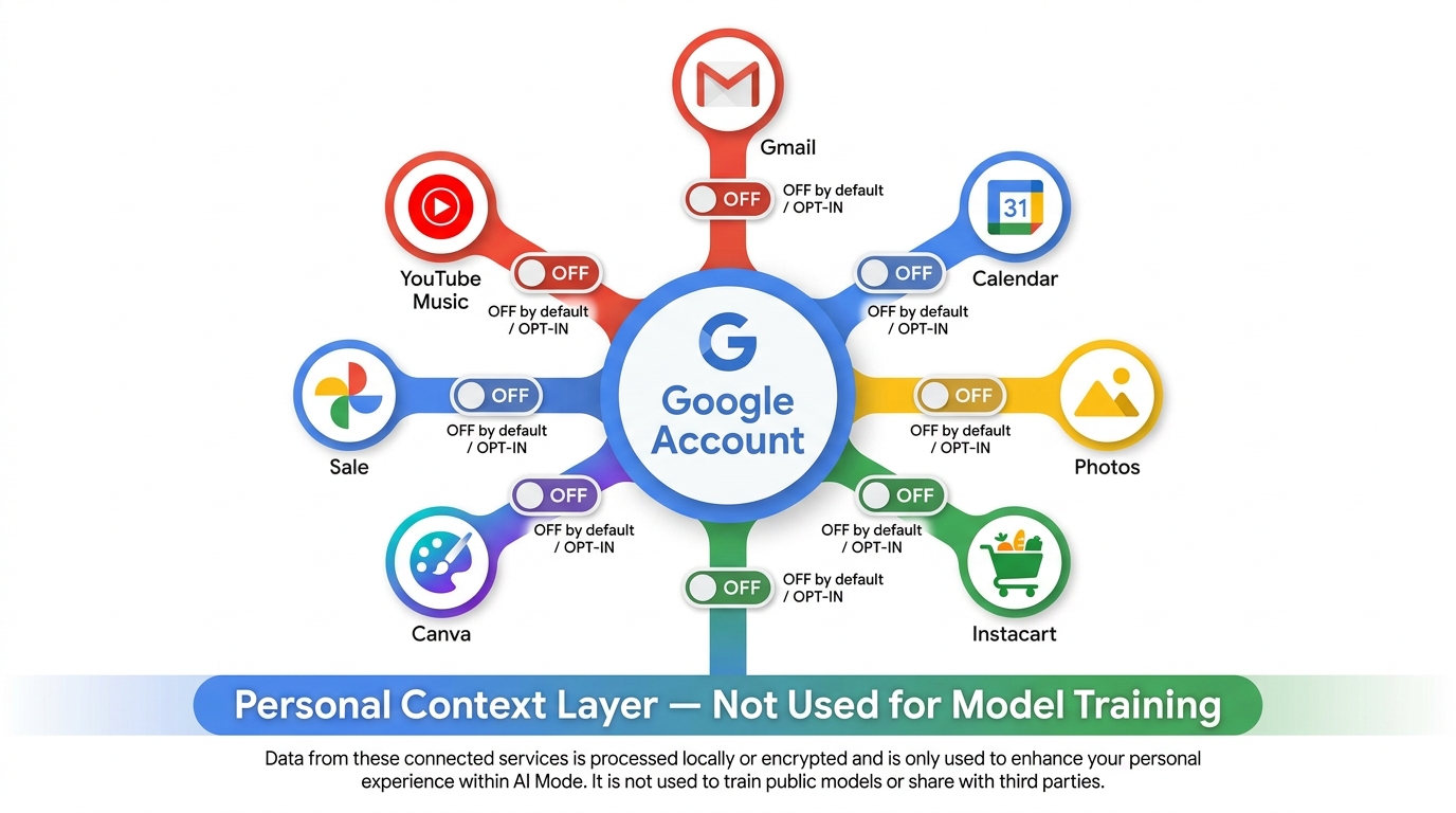 Permission architecture diagram for Google AI Mode Connected Apps showing opt-in toggle controls for Gmail, Calendar, Photos, Instacart, Canva, and YouTube Music