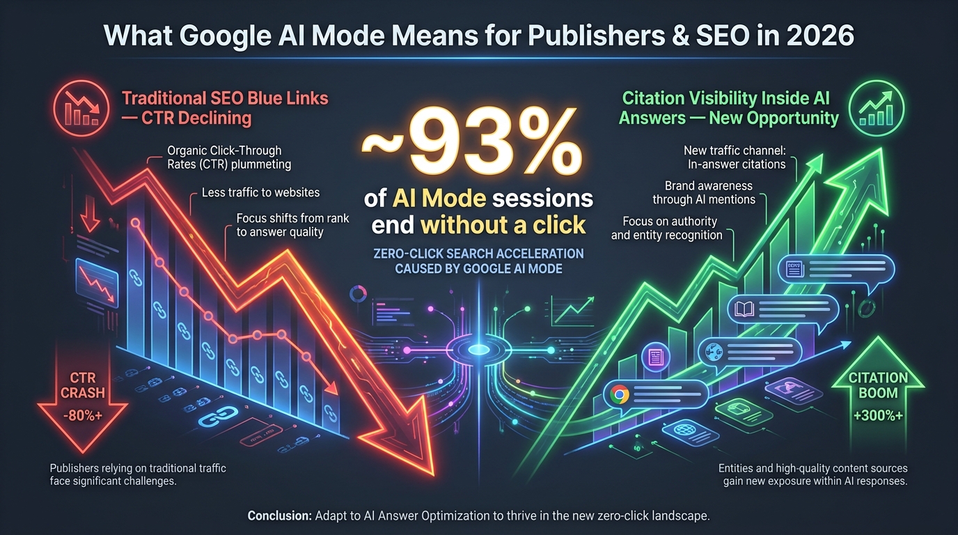 Data visualization showing approximately 93% of AI Mode sessions ending without a click, with diverging trend lines for declining blue link CTR versus rising citation visibility opportunity