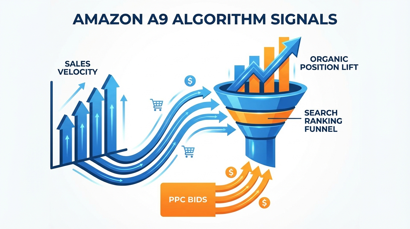 Amazon A9 algorithm sales velocity signals flowing into organic ranking lift infographic