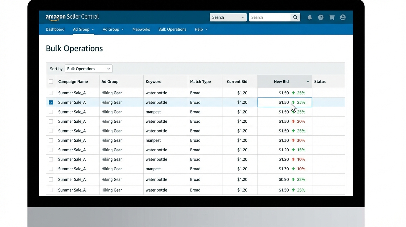 Amazon Seller Central bulk operations spreadsheet showing keyword bid adjustments being made via Excel