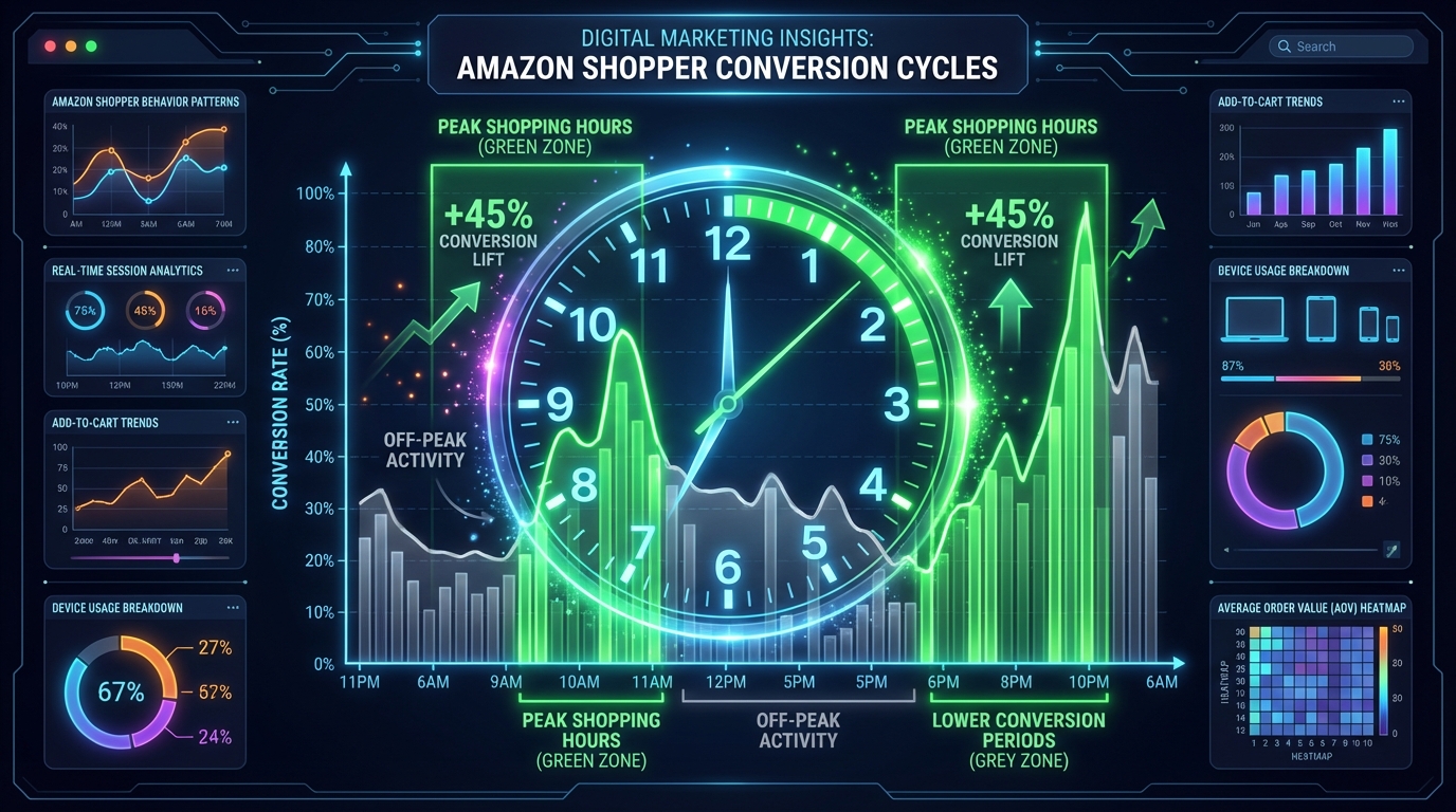 Amazon peak shopping hours conversion rate chart showing 7am-11am and 6pm-10pm as highest converting windows