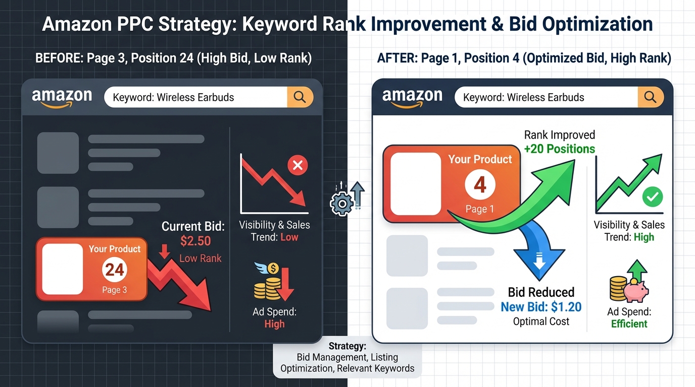 Before and after keyword ranking chart showing movement from page 3 to page 1 after bidparting push with bid pullback