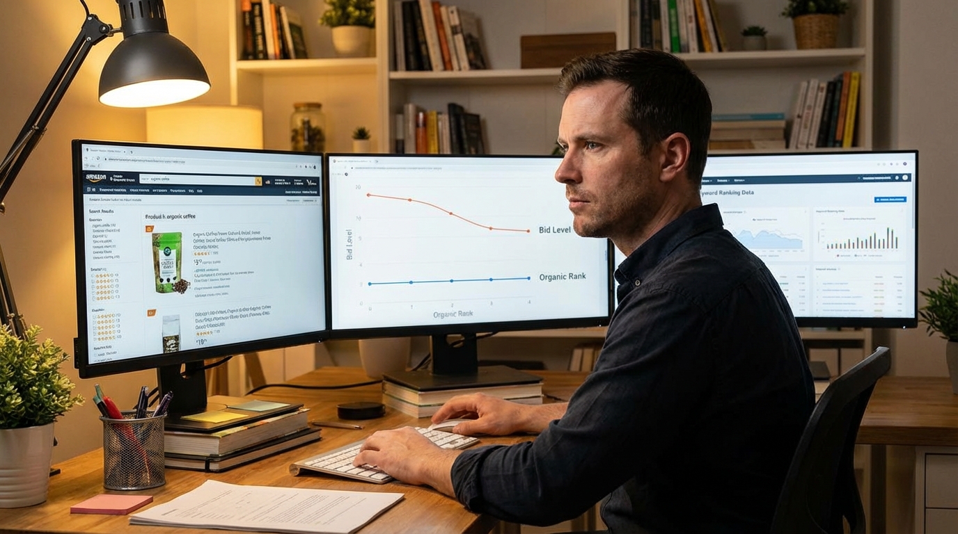 Amazon seller monitoring keyword ranking data on multiple screens while bids drop and organic rank holds steady