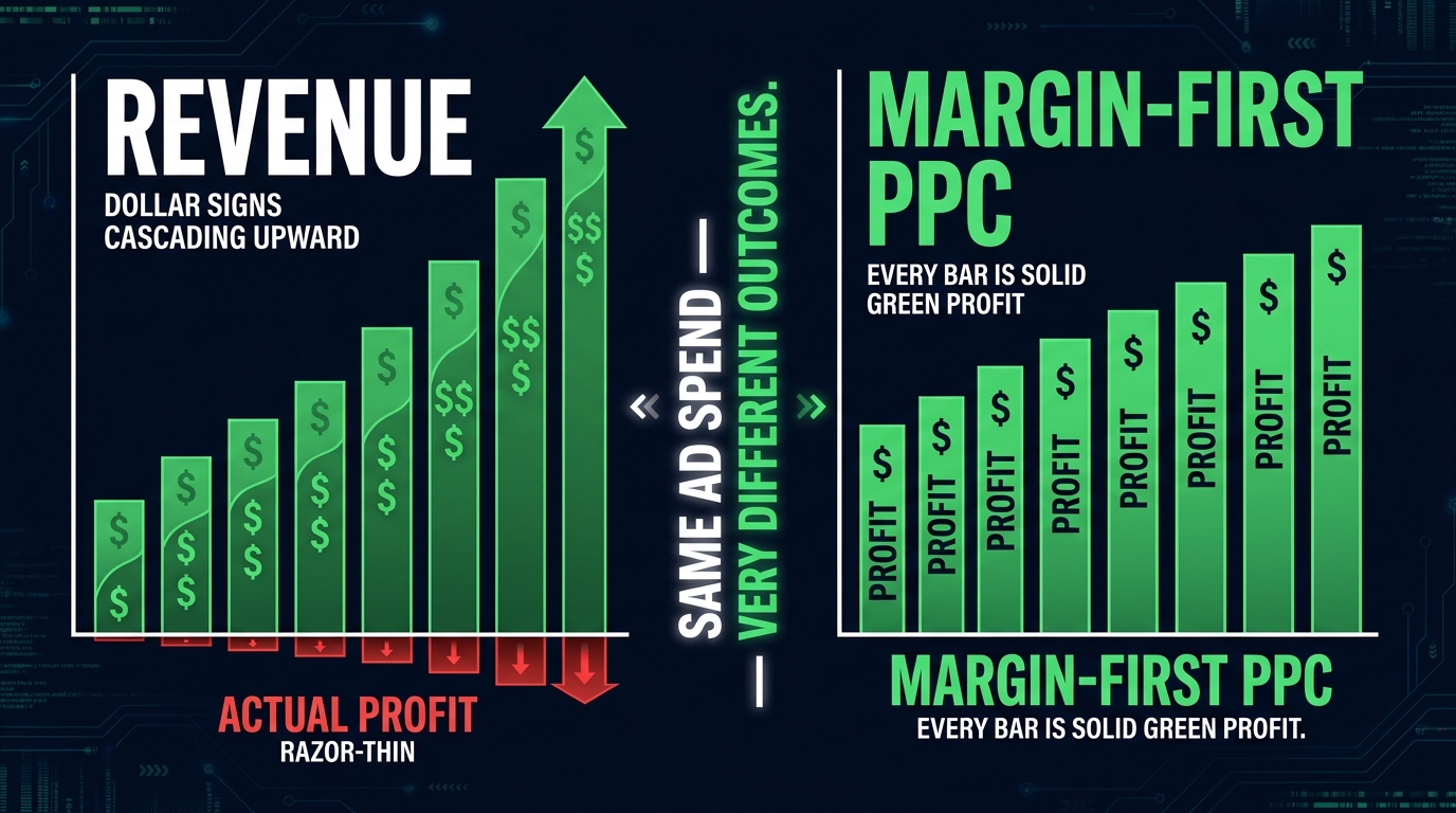 Split-screen visualization showing the gap between high ROAS revenue and razor-thin actual profit versus a margin-first PPC rebuild with consistent green profit bars — same ad spend, very different outcomes