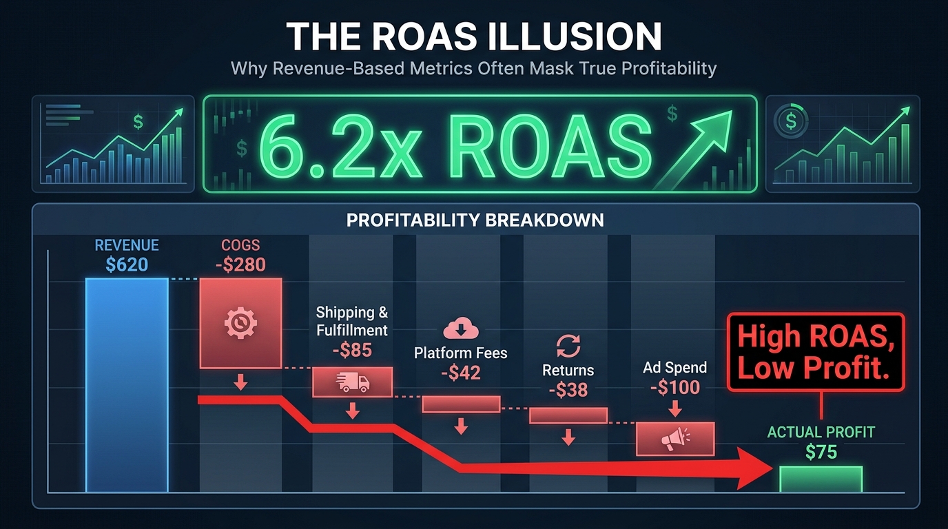 Waterfall cost breakdown showing a 6.2x ROAS that masks only $75 in actual profit after COGS, shipping, fees, returns, and ad spend — annotated with 'High ROAS, Low Profit'