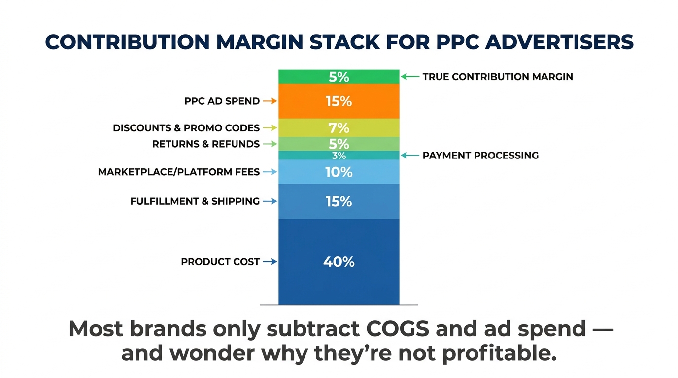 Stacked bar infographic showing all cost layers eating into revenue — Product Cost, Fulfillment, Platform Fees, Payment Processing, Returns, Discounts, and PPC Ad Spend — with the remaining sliver labeled True Contribution Margin