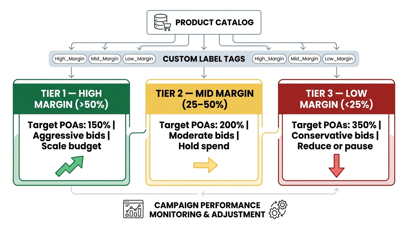 Three-tier PPC campaign segmentation diagram showing Tier 1 High Margin products with aggressive bids, Tier 2 Mid Margin with moderate bids, and Tier 3 Low Margin with conservative bids — each linked to different POAS targets flowing from a product catalog through custom label tags