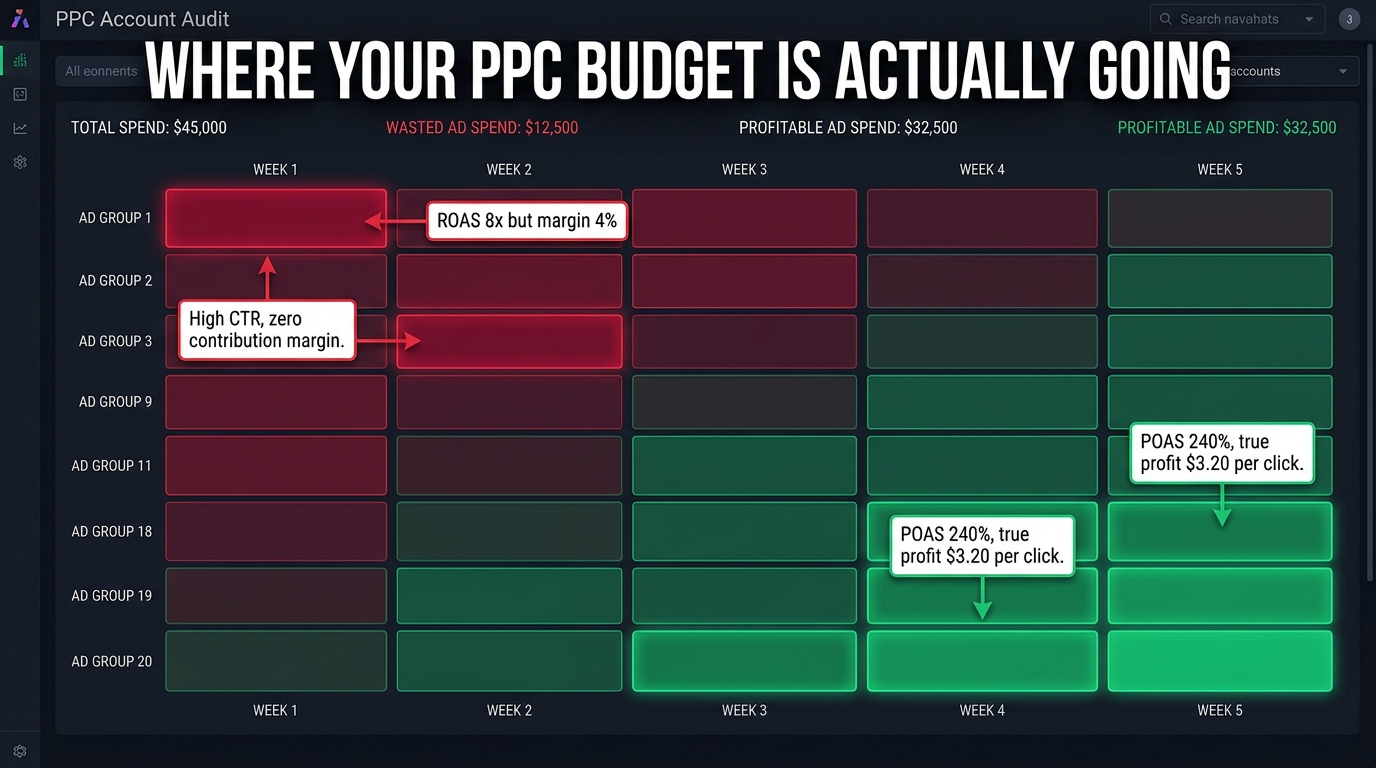 PPC account audit heatmap showing ad groups colored from deep red unprofitable to bright green profitable, with annotations revealing campaigns showing high ROAS but near-zero contribution margin hidden by the revenue metric