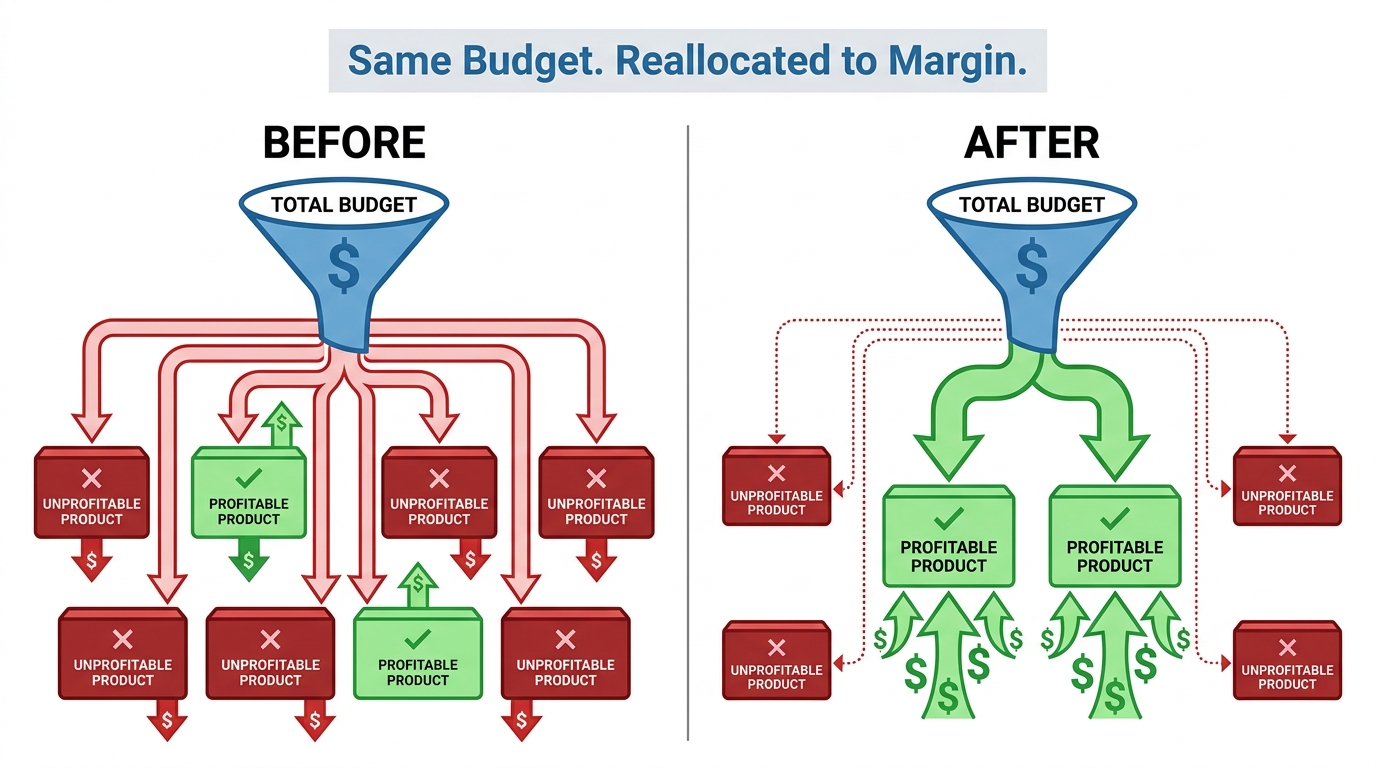 Budget reallocation flow diagram showing the same total PPC budget shifting from even distribution across 8 mixed-margin products to concentrated investment in the 2 high-margin profit-generating products — labeled 'Same Budget. Reallocated to Margin.'