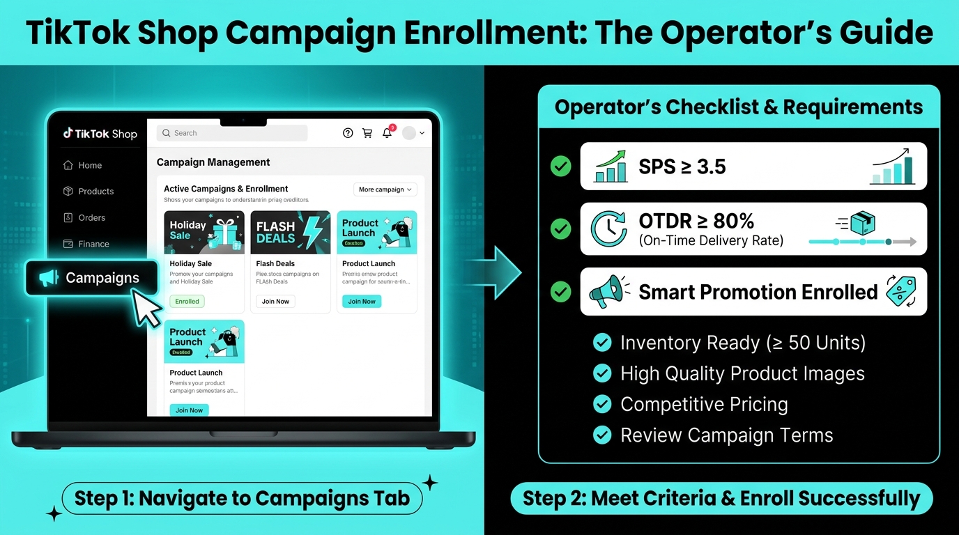 TikTok Shop Campaign Enrollment Operator's Guide 2026 — seller dashboard and eligibility checklist