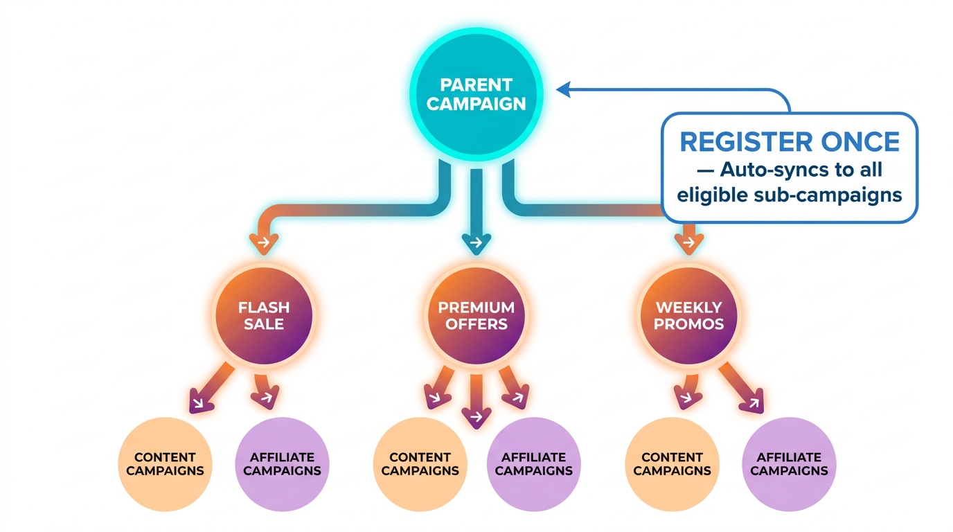TikTok Shop campaign ecosystem hierarchy — parent campaign auto-syncing to sub-campaigns