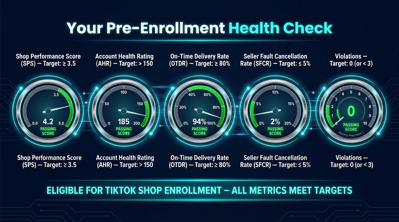 TikTok Shop pre-enrollment health check — SPS, AHR, OTDR, SFCR metrics scorecard