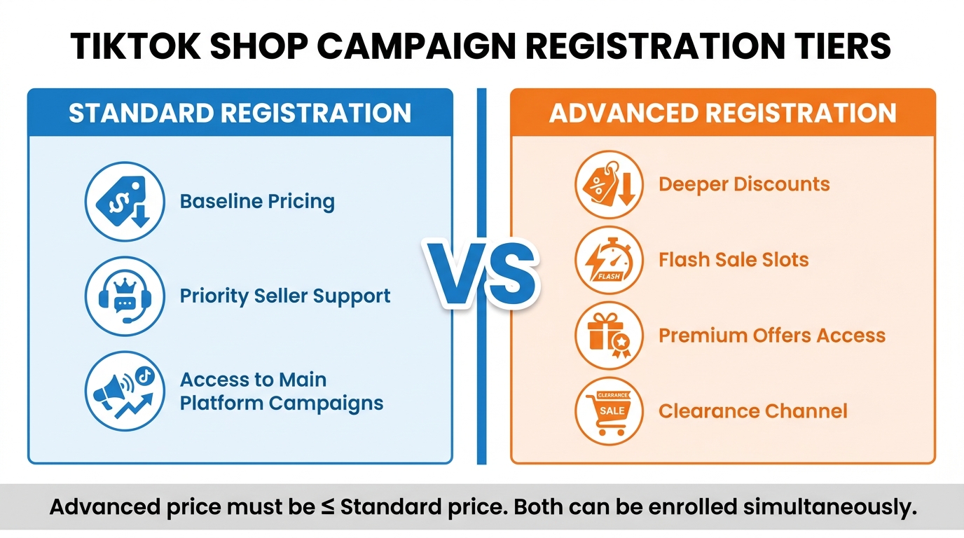 TikTok Shop Standard vs Advanced campaign registration tiers comparison infographic