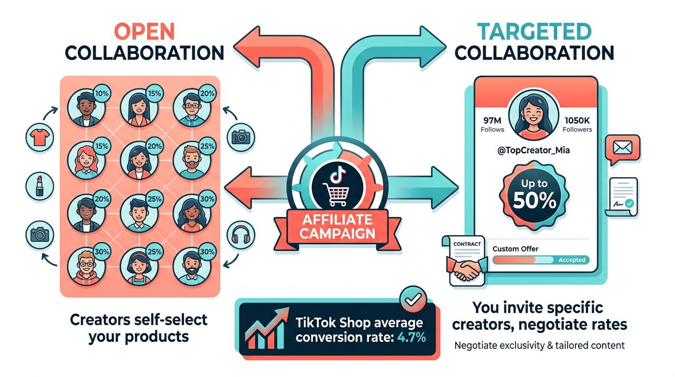 TikTok Shop affiliate campaign setup — Open Collaboration vs Targeted Collaboration with commission rates