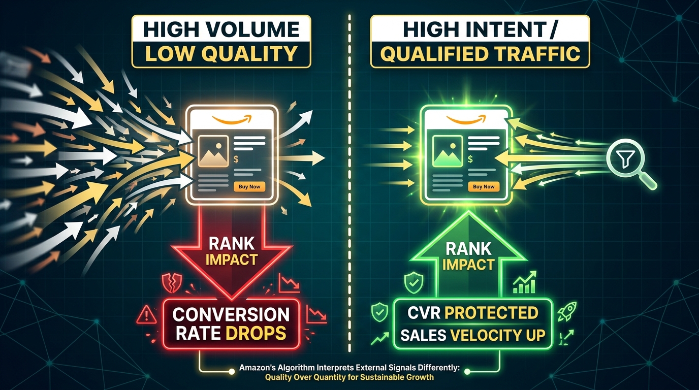 Comparison infographic: high volume low quality traffic vs high intent qualified traffic and their opposite effects on Amazon rank