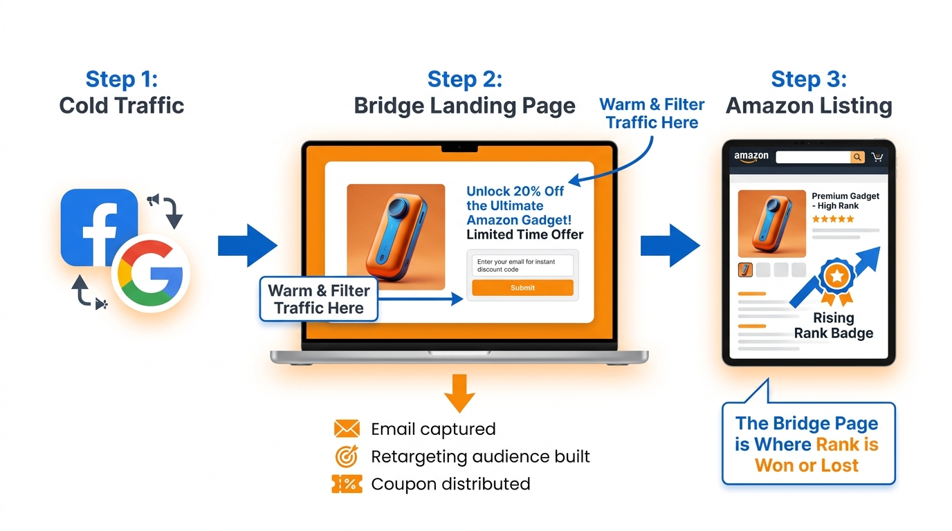 Three-step bridge page funnel diagram: cold traffic flows into a landing page that warms and filters visitors before sending qualified buyers to Amazon