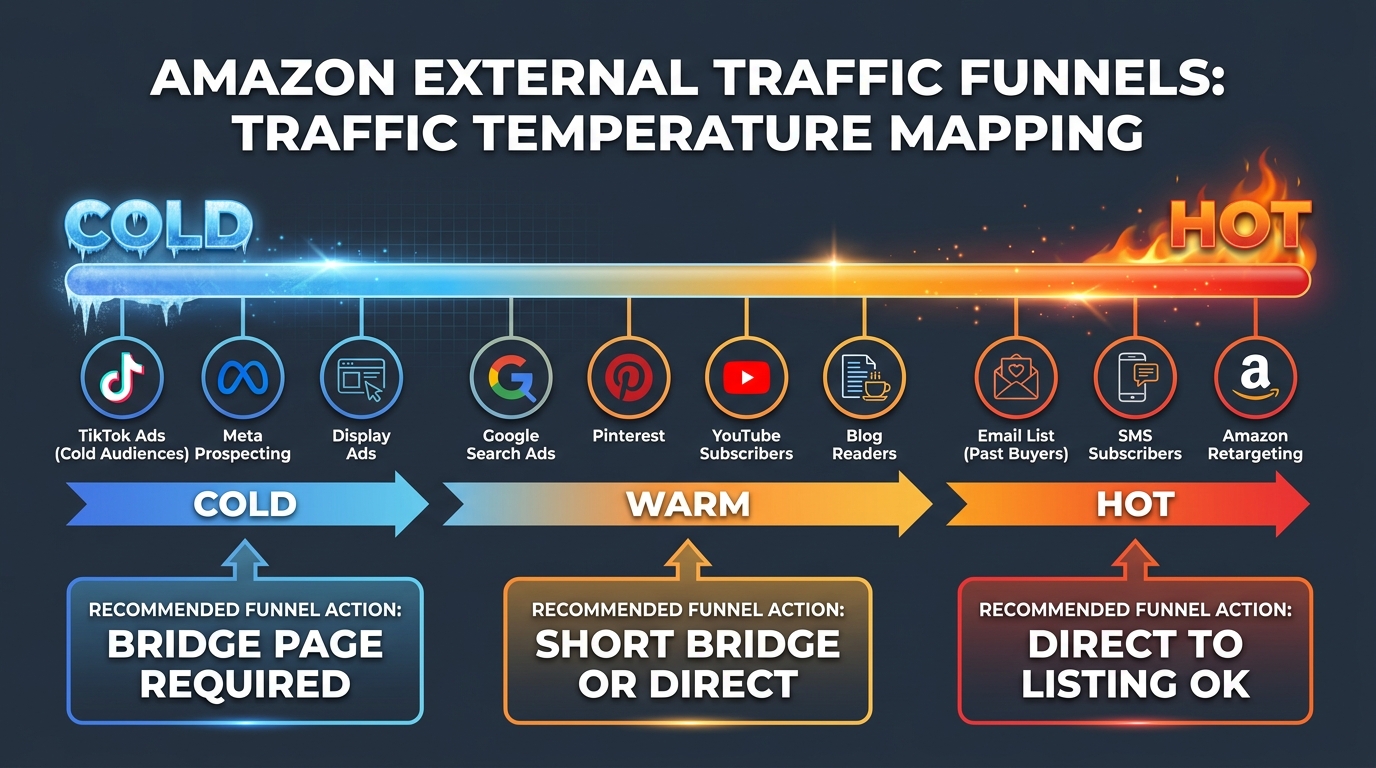 Traffic temperature spectrum showing cold Meta and TikTok prospecting on the left, warm Google and content traffic in the middle, and hot email and SMS lists on the right, with funnel recommendations for each