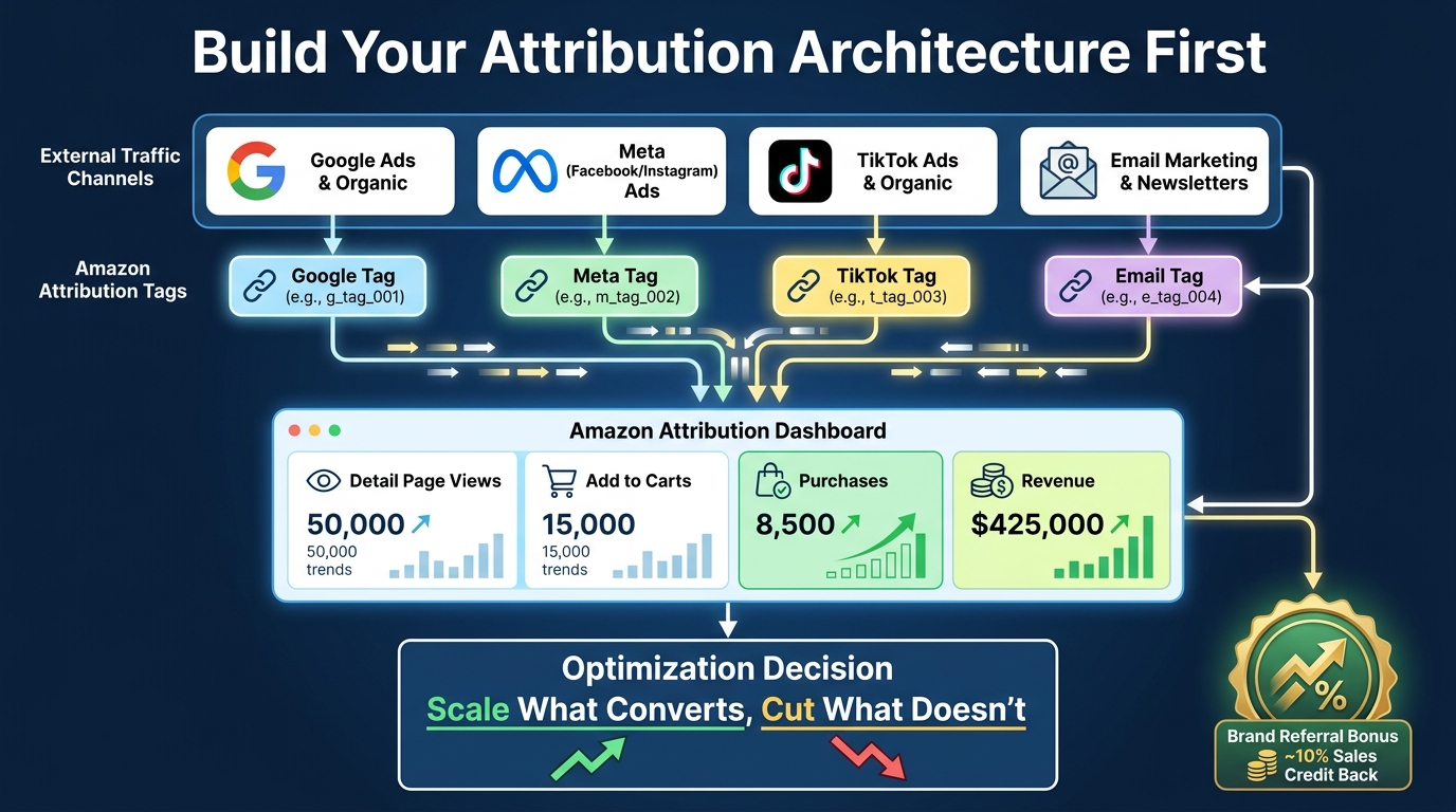 Amazon Attribution tracking architecture showing campaign hierarchy from external channels through tagged URLs into dashboard metrics and optimization decisions