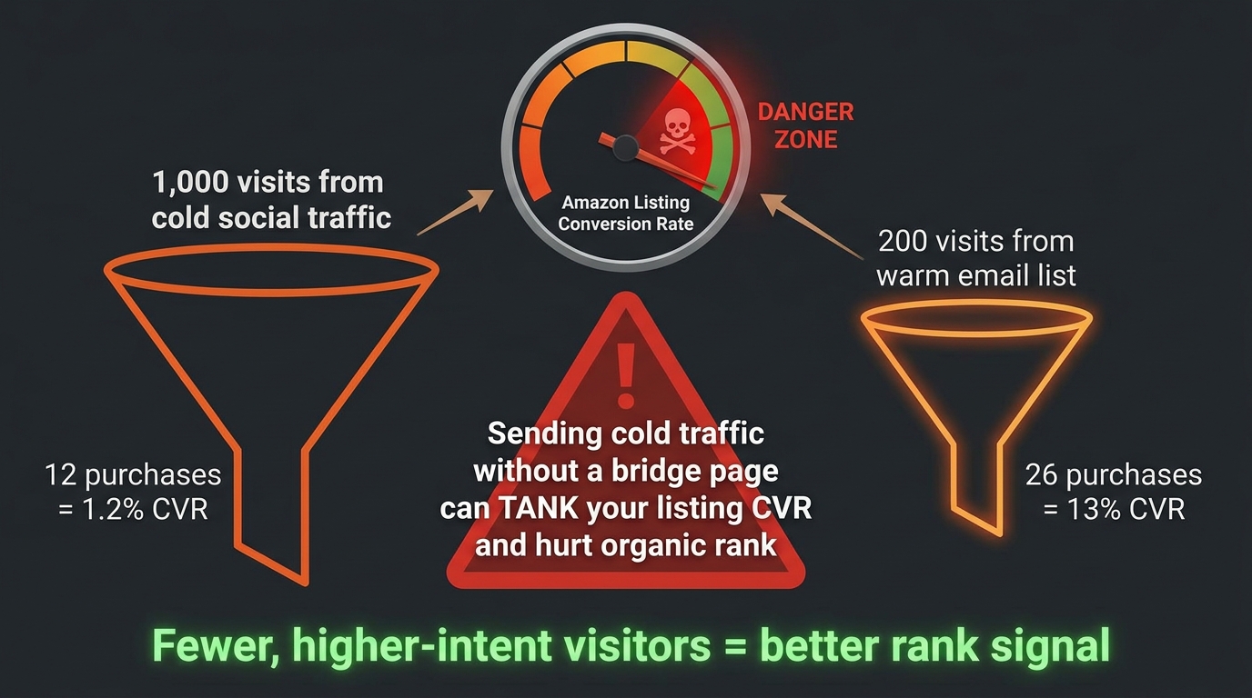 Conversion rate trap illustration comparing 1000 cold traffic visits at 1.2% CVR versus 200 warm email list visits at 13% CVR and the rank implications