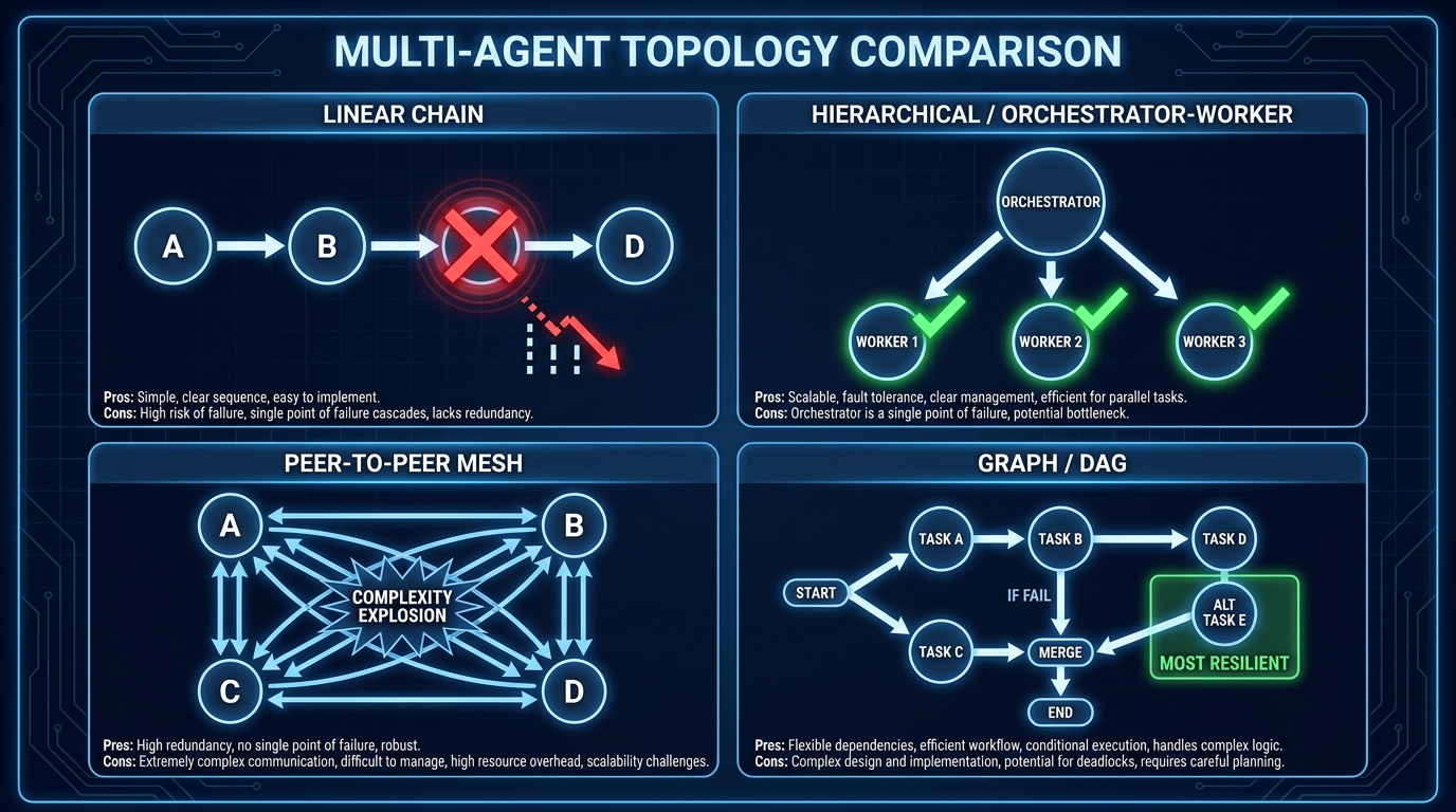 Comparison diagram of four multi-agent topology patterns: linear chain, hierarchical orchestrator-worker, peer-to-peer mesh, and directed acyclic graph