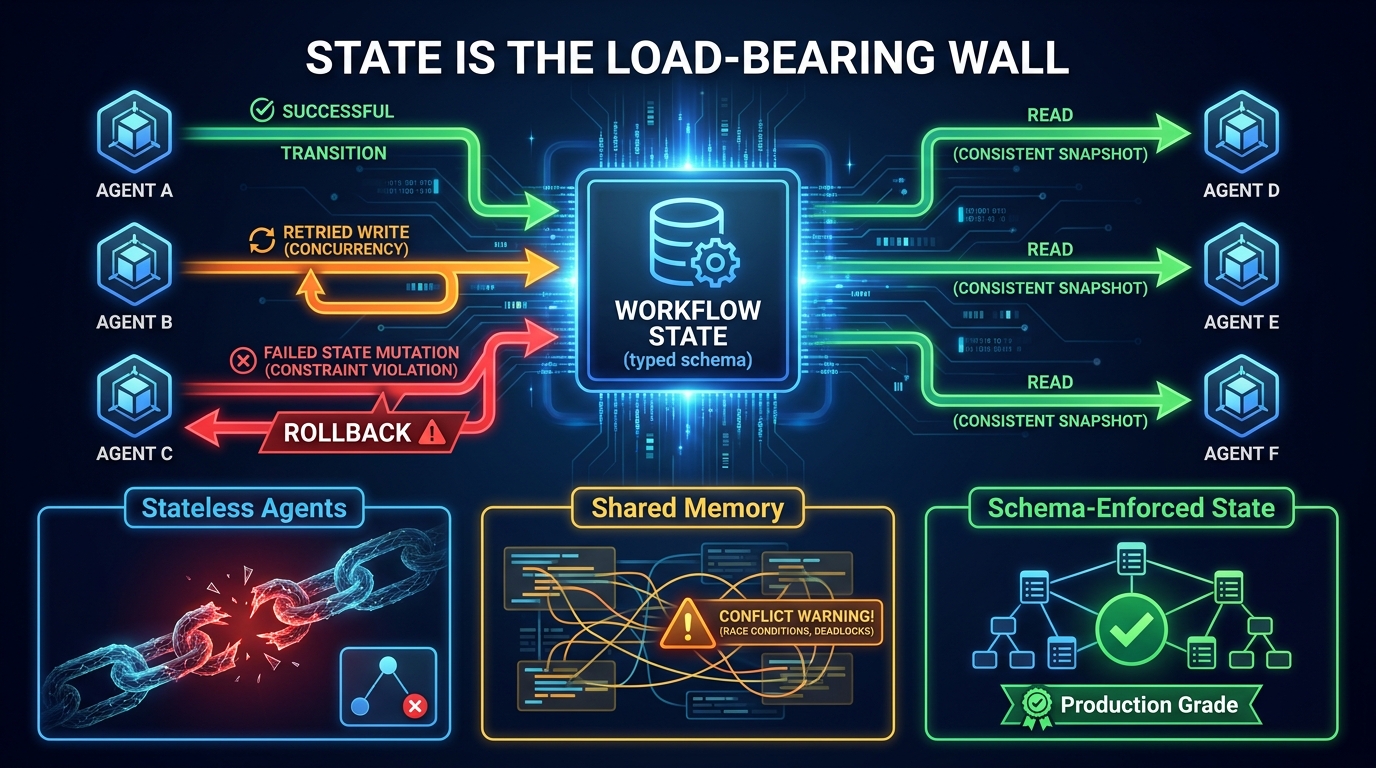 Diagram showing multi-agent shared state management with schema-enforced state store, color-coded successful and failed state transitions, and rollback mechanism