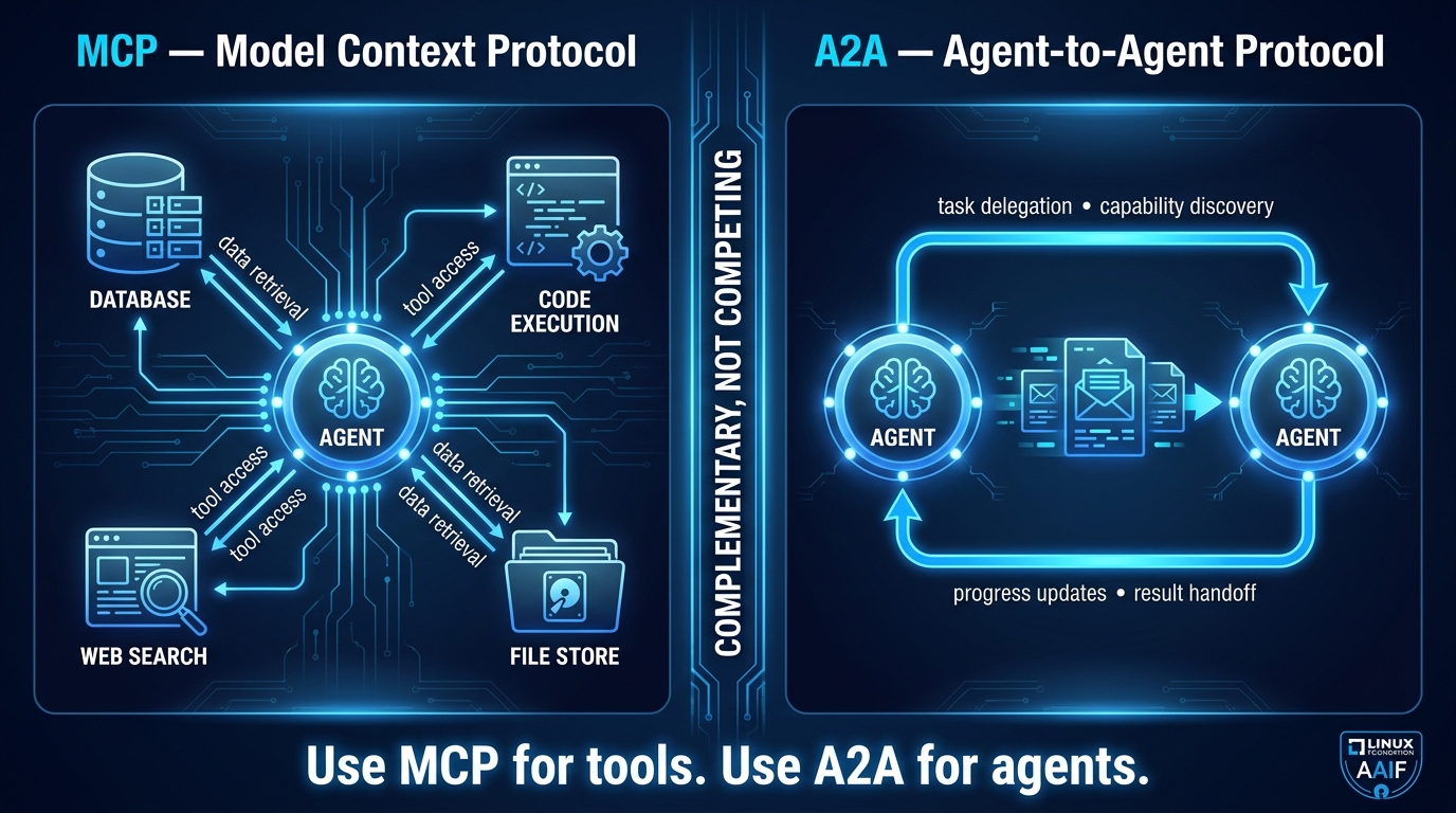 Split-screen diagram showing MCP protocol for agent-to-tool connections versus A2A protocol for agent-to-agent coordination, labeled as complementary standards