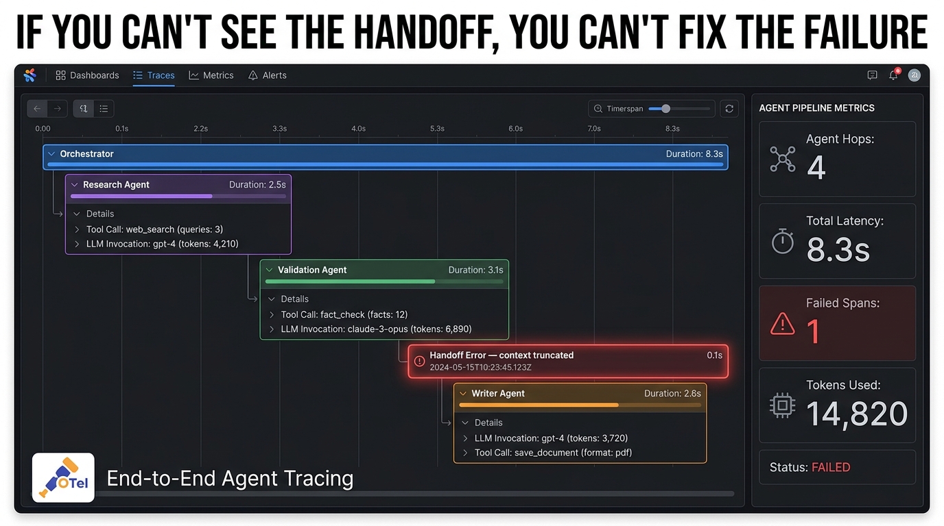 Multi-agent observability dashboard showing hierarchical trace waterfall with orchestrator parent span, child agent spans, tool call details, error highlighting, and key metrics