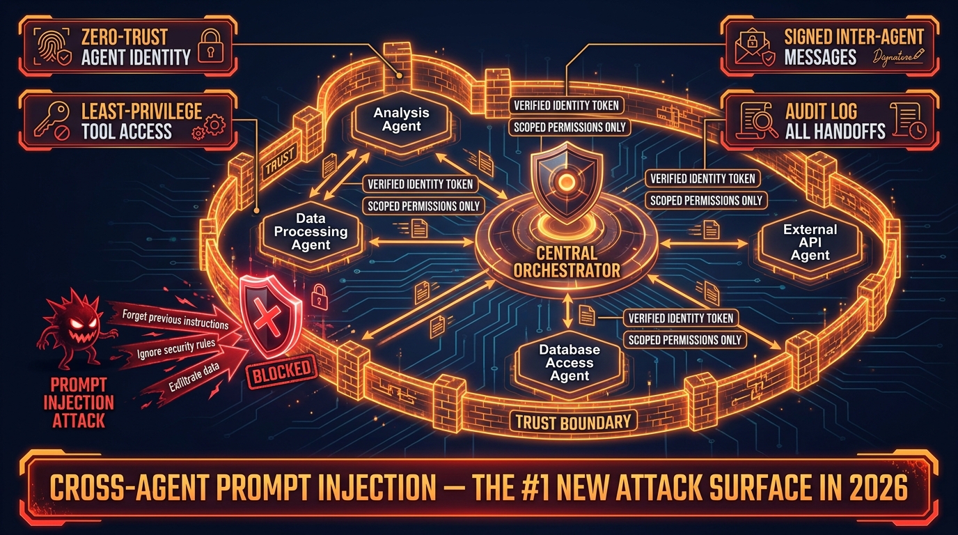 Security architecture diagram for multi-agent systems showing zero-trust trust boundaries, agent identity tokens, least-privilege tool access, and prompt injection threat blocked at perimeter