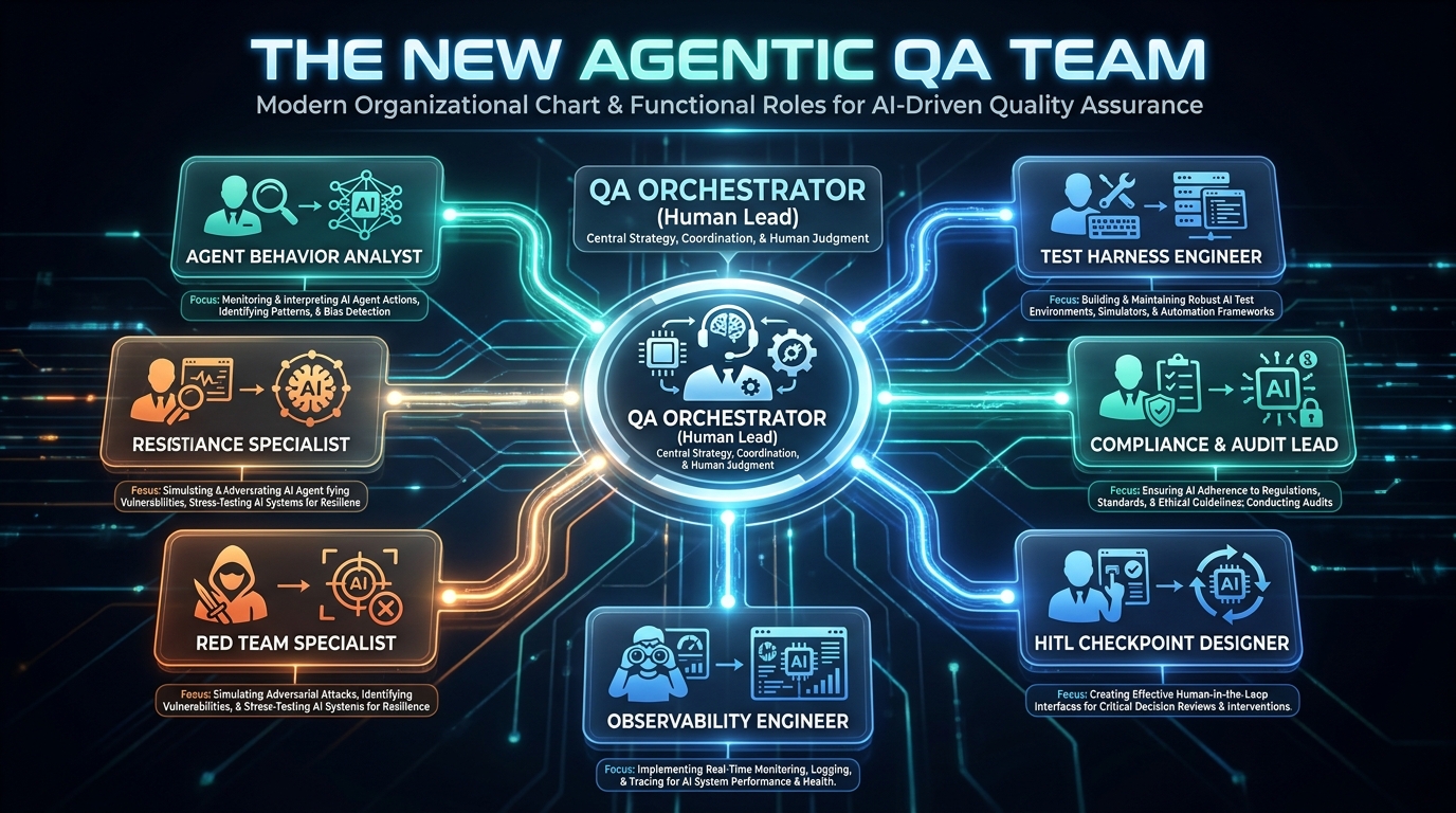 Agentic QA team organizational chart showing QA Orchestrator and specialist roles including Agent Behavior Analyst, Test Harness Engineer, and Compliance Lead