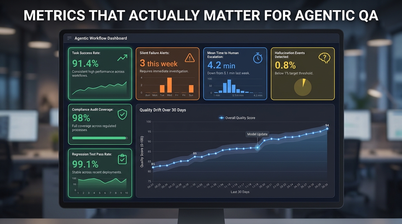 Enterprise QA dashboard showing agentic workflow quality metrics including task success rate 91.4%, silent failure alerts, hallucination detection rate, and compliance coverage