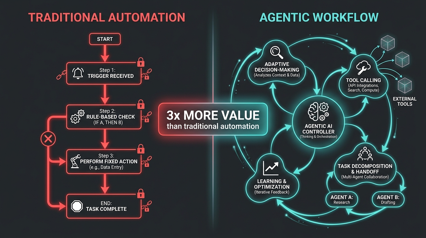 Side-by-side comparison: Traditional Automation (rigid flowchart) vs Agentic Workflow (adaptive network) — 3x more value than traditional automation