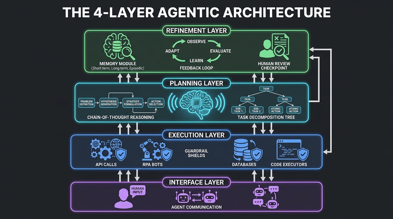 Four-layer agentic AI architecture diagram showing Interface, Execution, Planning, and Refinement layers with data flow between them