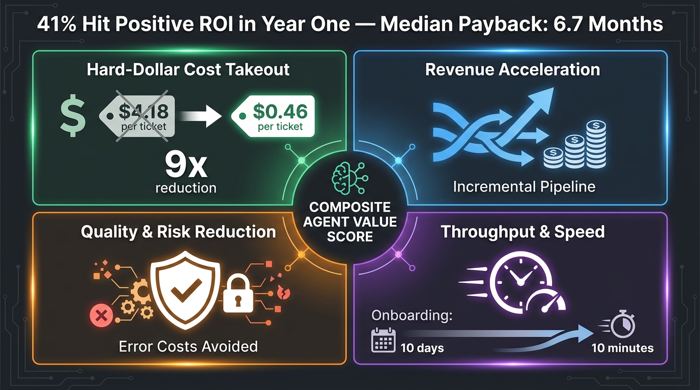 Agentic AI ROI measurement four-quadrant framework showing cost takeout, revenue acceleration, risk reduction, and throughput metrics with benchmark statistics