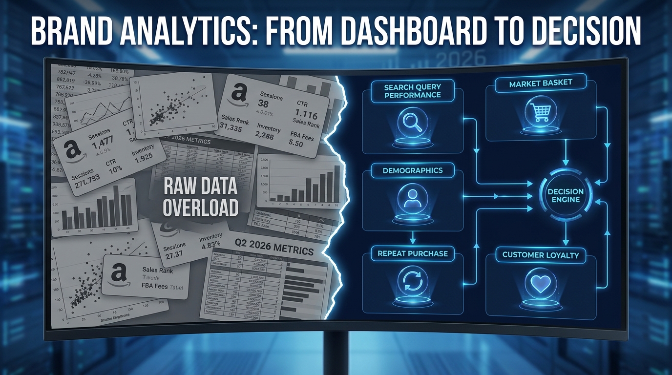 Brand Analytics: From Dashboard to Decision — split-screen showing chaotic raw data versus an organized decision framework for Amazon sellers