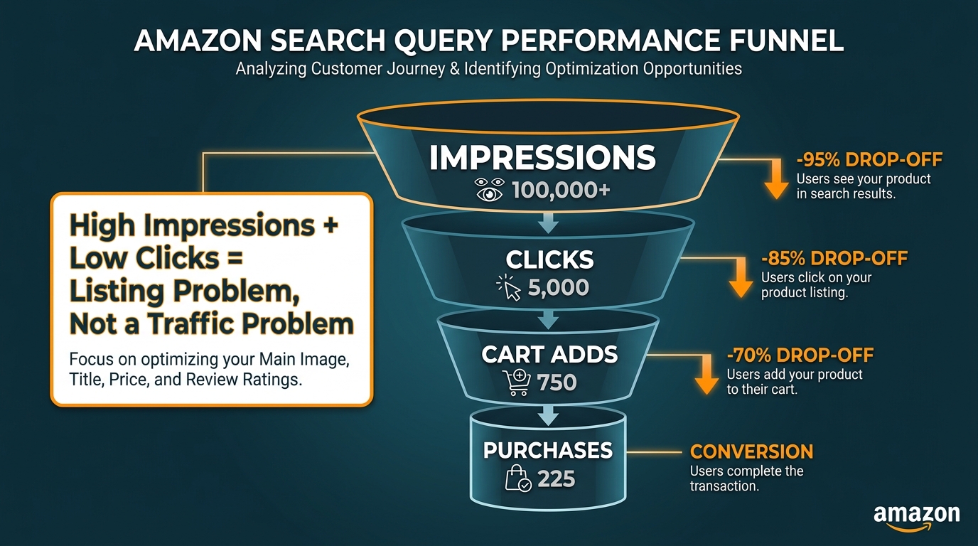 Amazon Search Query Performance funnel showing impression-to-purchase drop-off with callout: High Impressions plus Low Clicks equals a listing problem, not a traffic problem