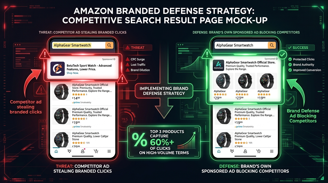 Annotated Amazon search results showing competitor ads appearing on a brand's own keyword with red warning labels and green indicator showing brand's defensive ad position