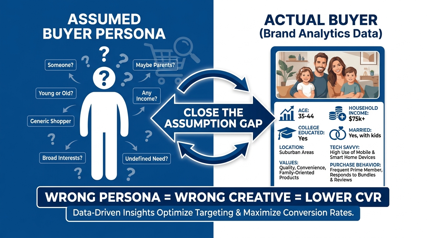 Split comparison infographic showing assumed buyer persona with question marks versus actual buyer profile from Brand Analytics Demographics showing age, income, education, and marital status data