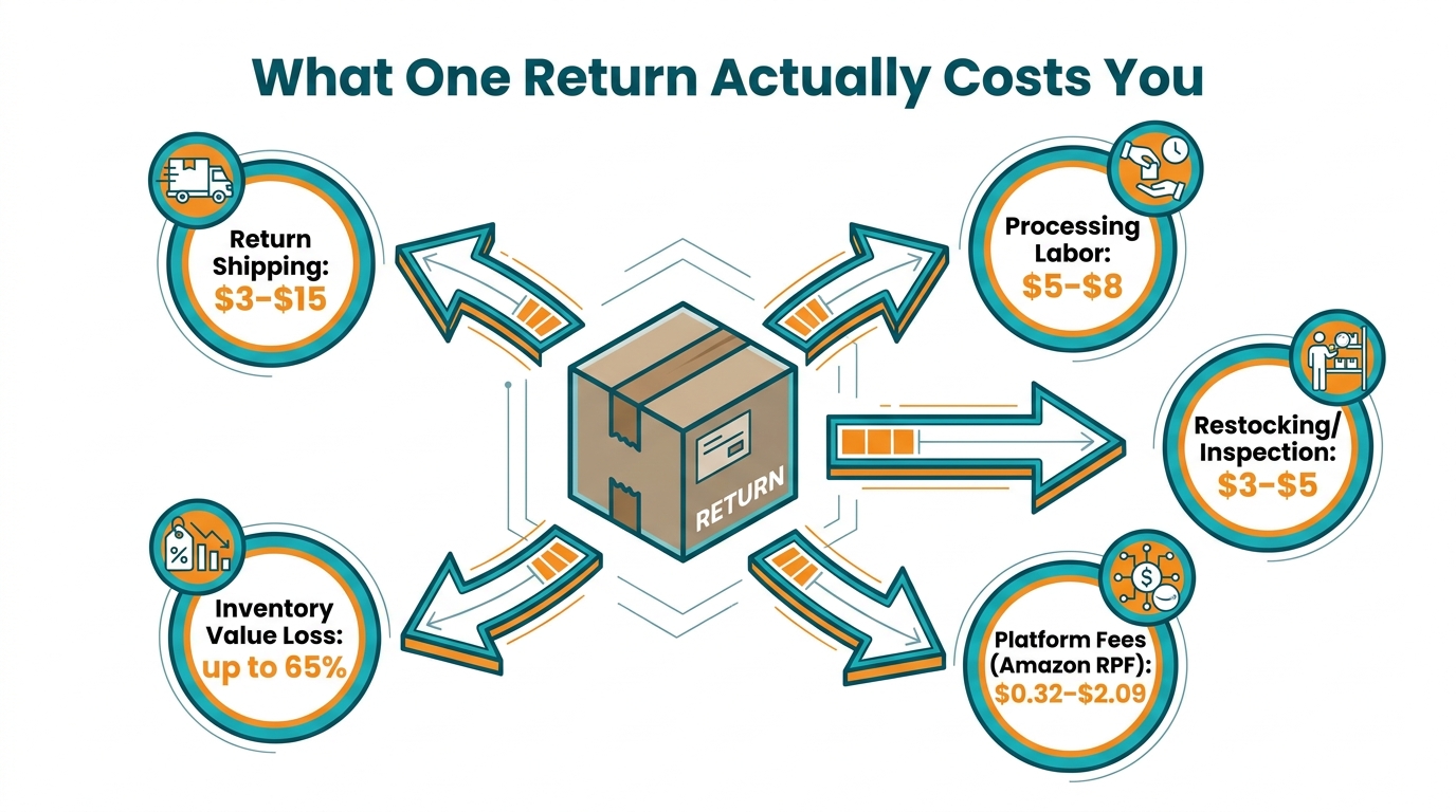 Infographic breaking down the true cost of a single ecommerce return including shipping, labor, platform fees, and inventory value loss