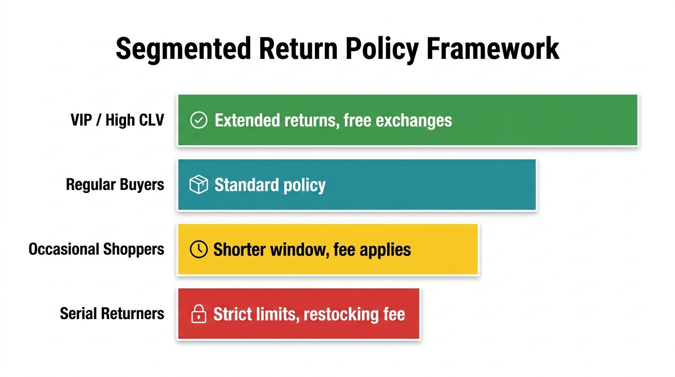 Segmented return policy framework showing VIP customers, regular buyers, occasional shoppers, and serial returners with different policy tiers