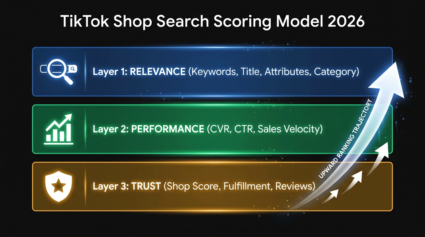 TikTok Shop Search 2.0 scoring model showing three layers: Relevance (keywords, title, attributes), Performance (CVR, CTR, sales velocity), and Trust (shop score, fulfillment, reviews)