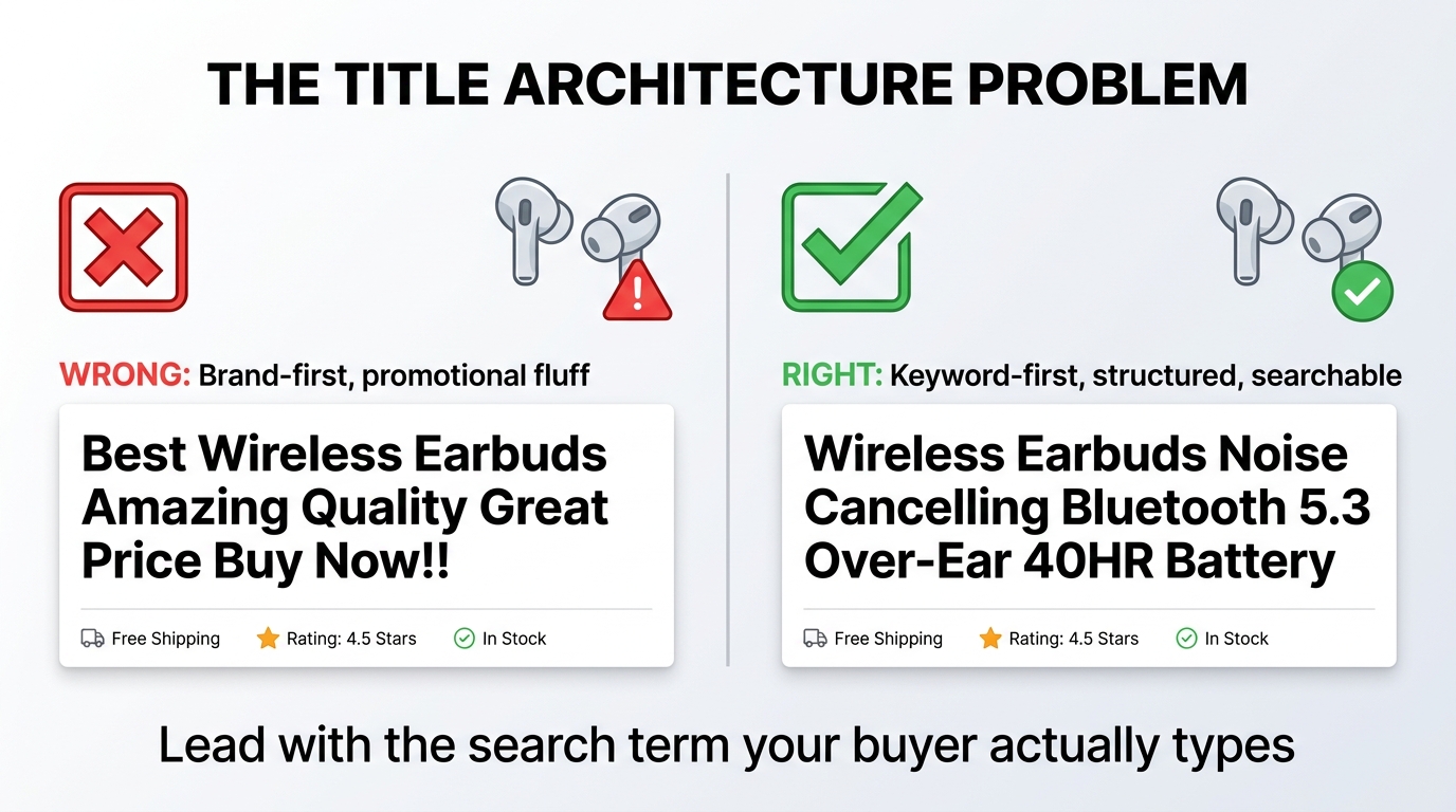 Split comparison showing wrong vs right product title architecture for TikTok Shop search ranking — keyword-first structure vs promotional fluff