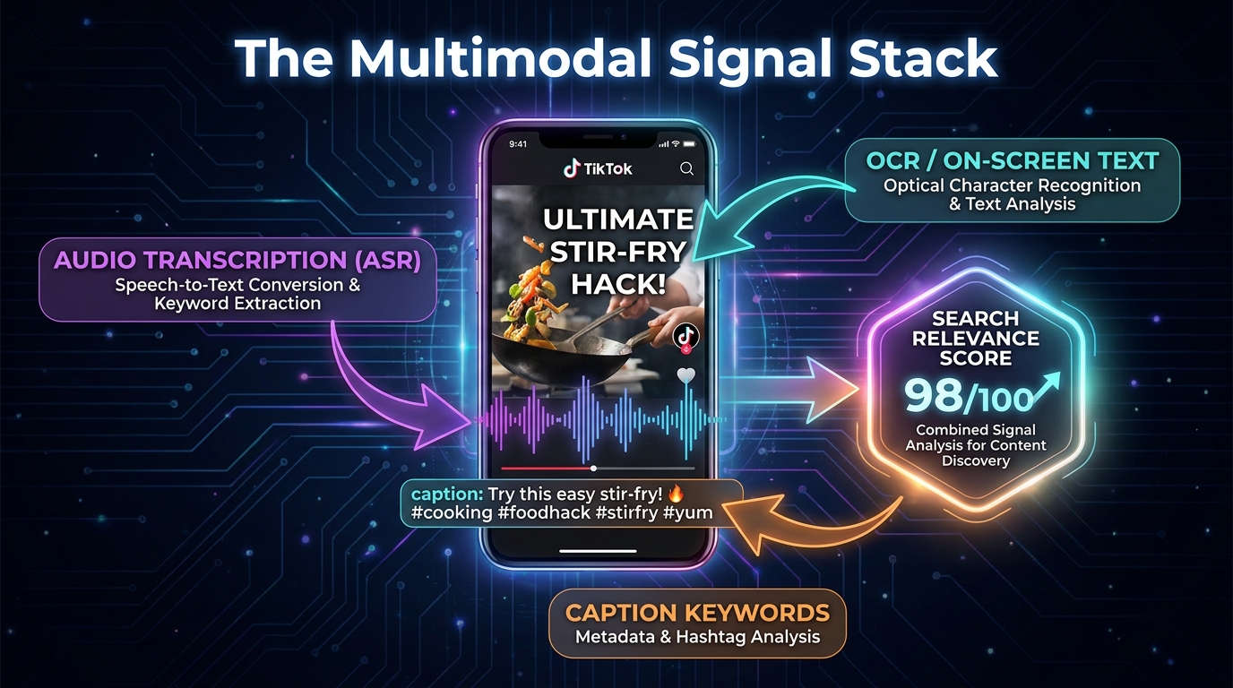 Diagram showing TikTok Shop's multimodal search ranking signals: audio transcription (ASR), on-screen text (OCR), and caption keywords all feeding into a search relevance score
