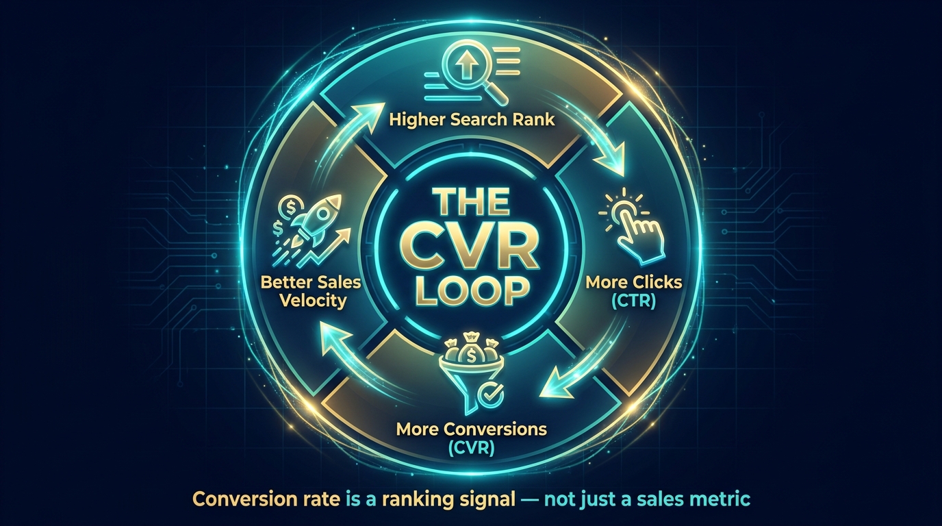 CVR flywheel diagram showing how higher search rank leads to more clicks, more conversions, better sales velocity, and back to higher search rank — the CVR loop