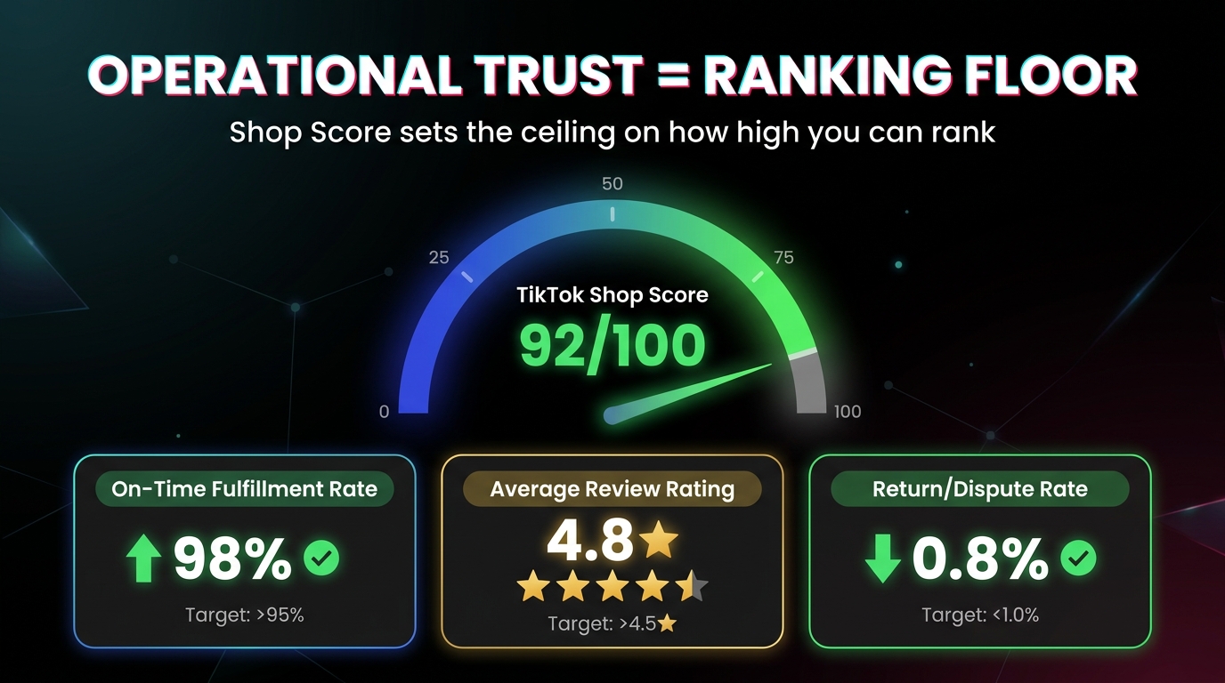 TikTok Shop Score dashboard showing 92/100 rating with fulfillment rate, review rating, and dispute rate metrics — operational trust sets the ranking ceiling