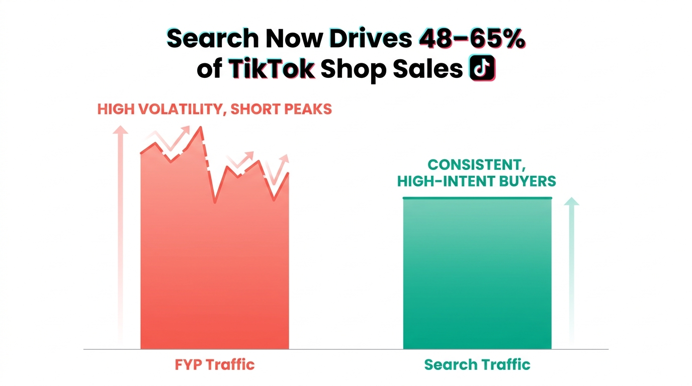 Bar chart comparing FYP traffic (high volatility, short peaks) vs Search traffic (consistent, high-intent buyers) — search now drives 48–65% of TikTok Shop sales