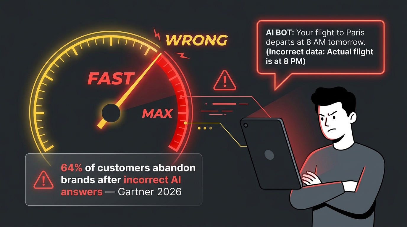 Speed vs quality trap in AI customer support — speedometer showing fast but wrong responses