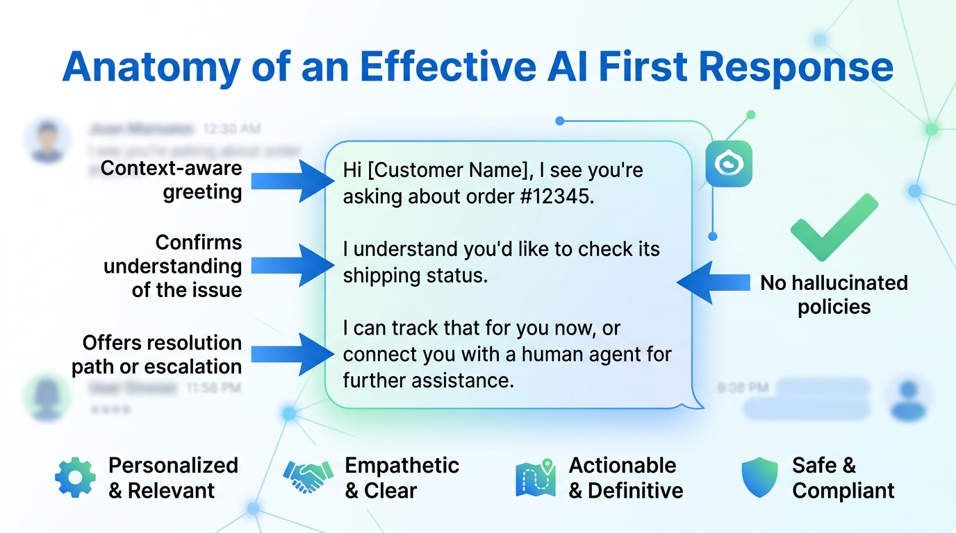 Anatomy of an effective AI first response — labeled diagram of a good AI customer service reply