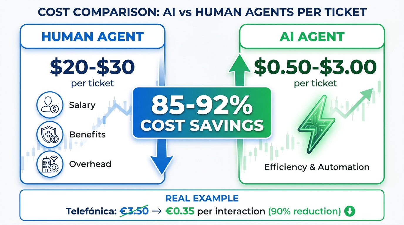 Cost comparison infographic — AI agent $0.50-$3.00 per ticket vs human agent $20-$30 per ticket, 85-92% savings