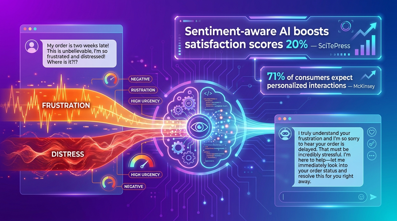 AI emotional intelligence in customer support — sentiment analysis detecting frustration and adapting response tone
