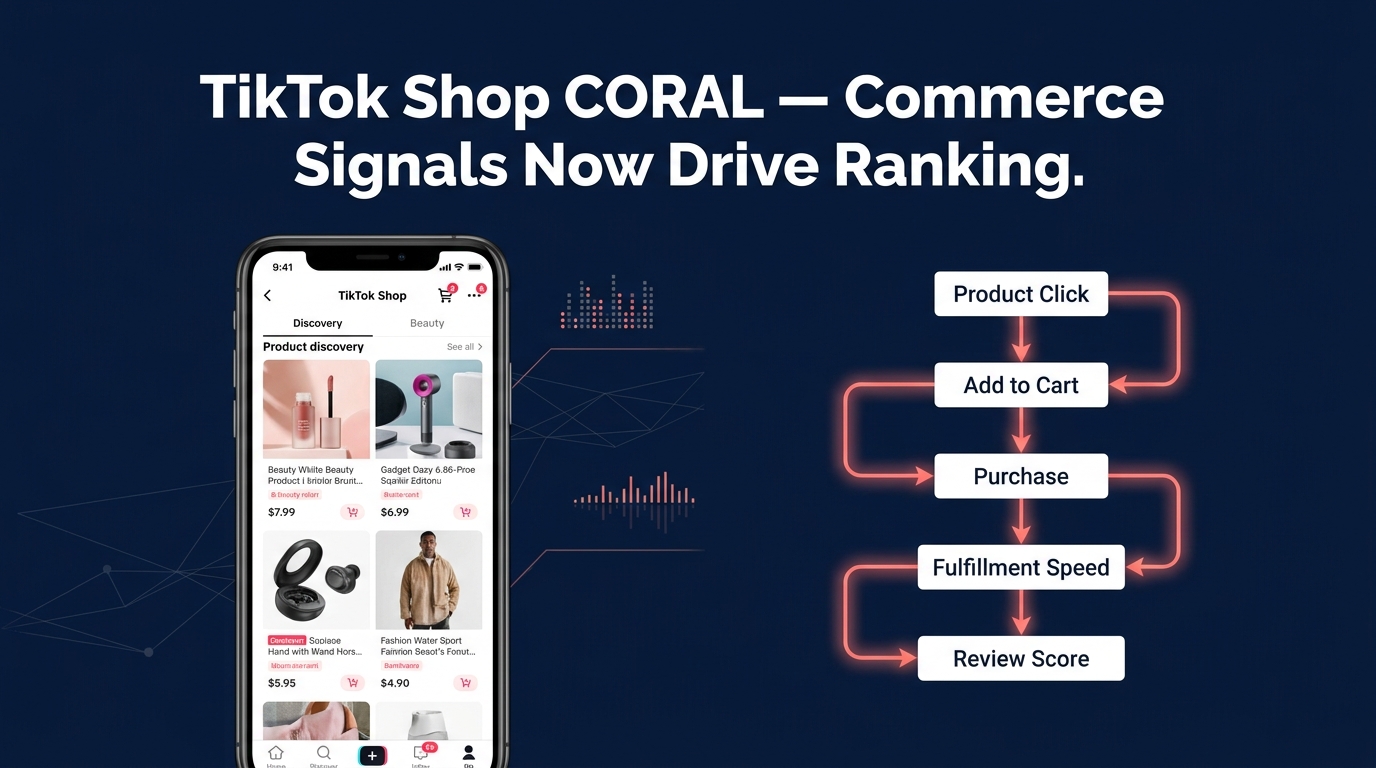 TikTok Shop Coral update — commerce signals now drive ranking: product click, add to cart, purchase, fulfillment speed, review score flowchart on navy background